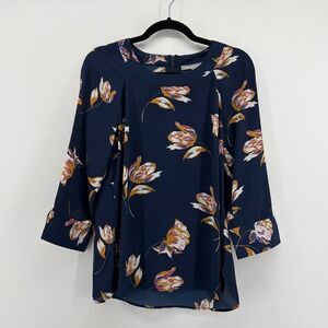Daniel Rainn Navy Blue Floral Tulip Blouse 3/4 Sleeve Zipper Back Size Small